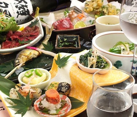 ほこの美食コース【竹】魚菜料理と紙鍋と鯛茶漬けなど料理7品の定番コース